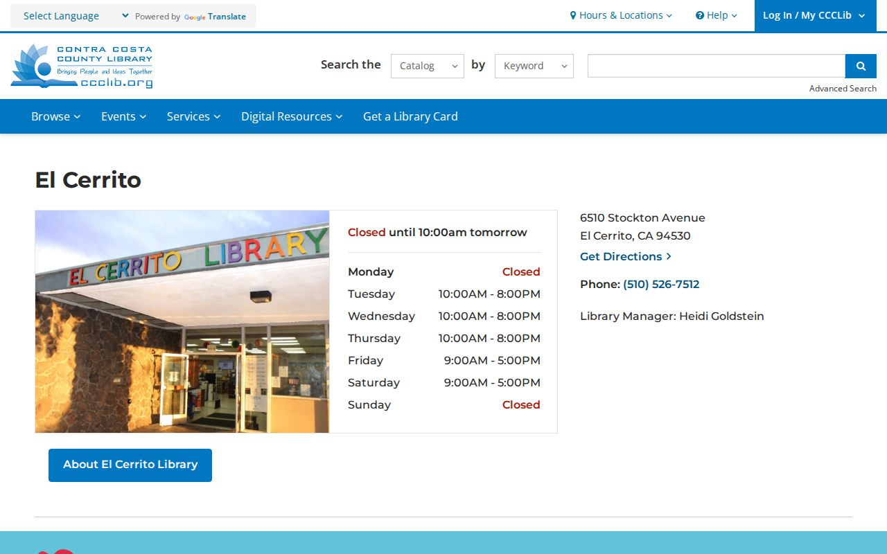 El Cerrito city directory library branch research access